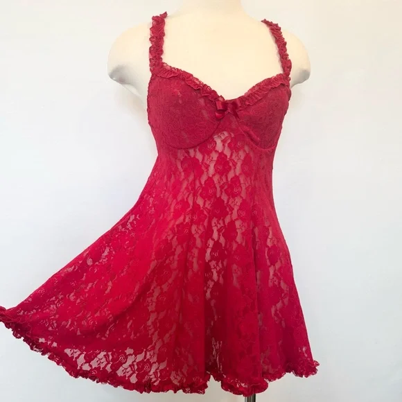 Cinema Etoile Cherry Red Stretch Lace Fit & Flare Babydoll Nightie Slip Dress M